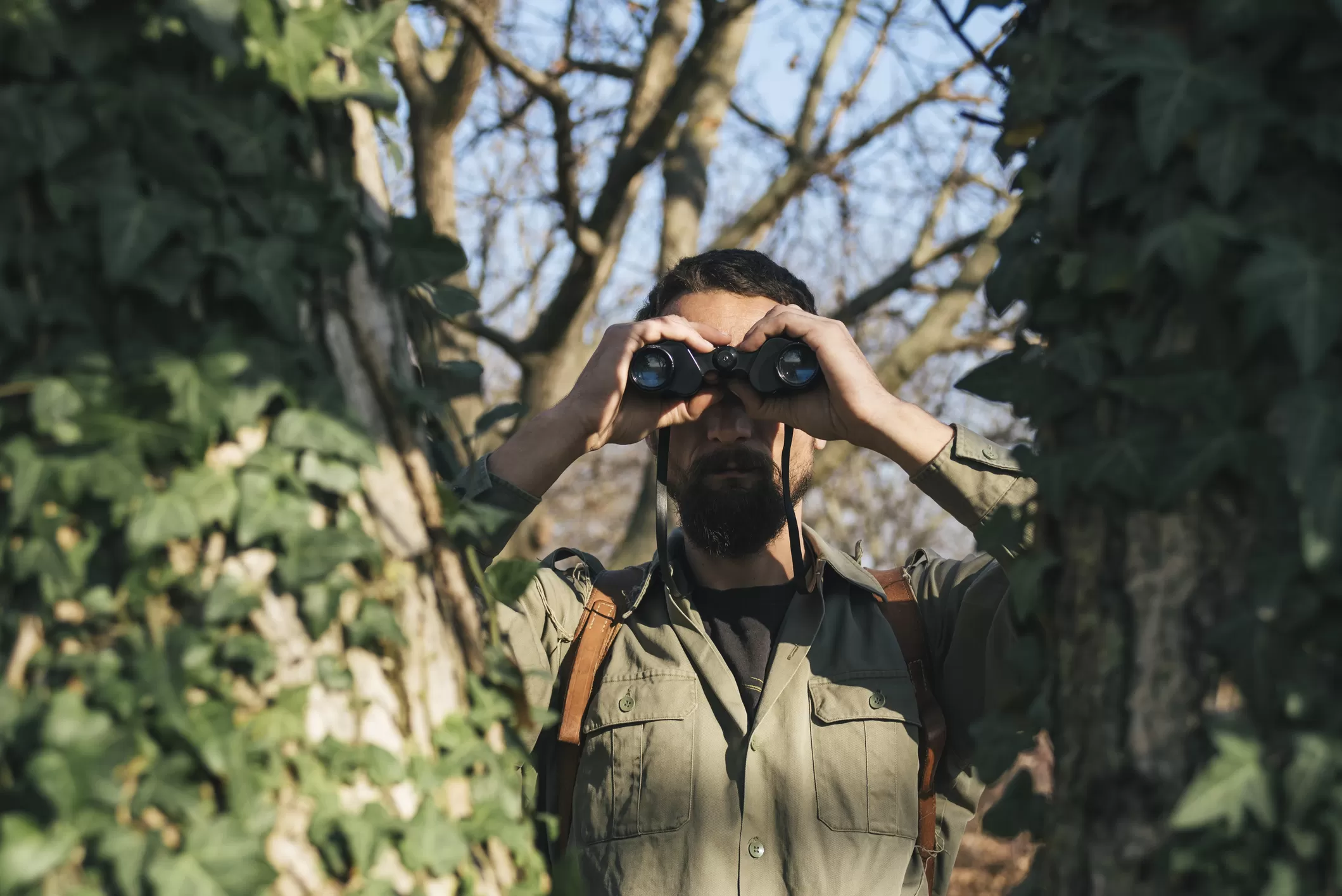 Man looking through trees